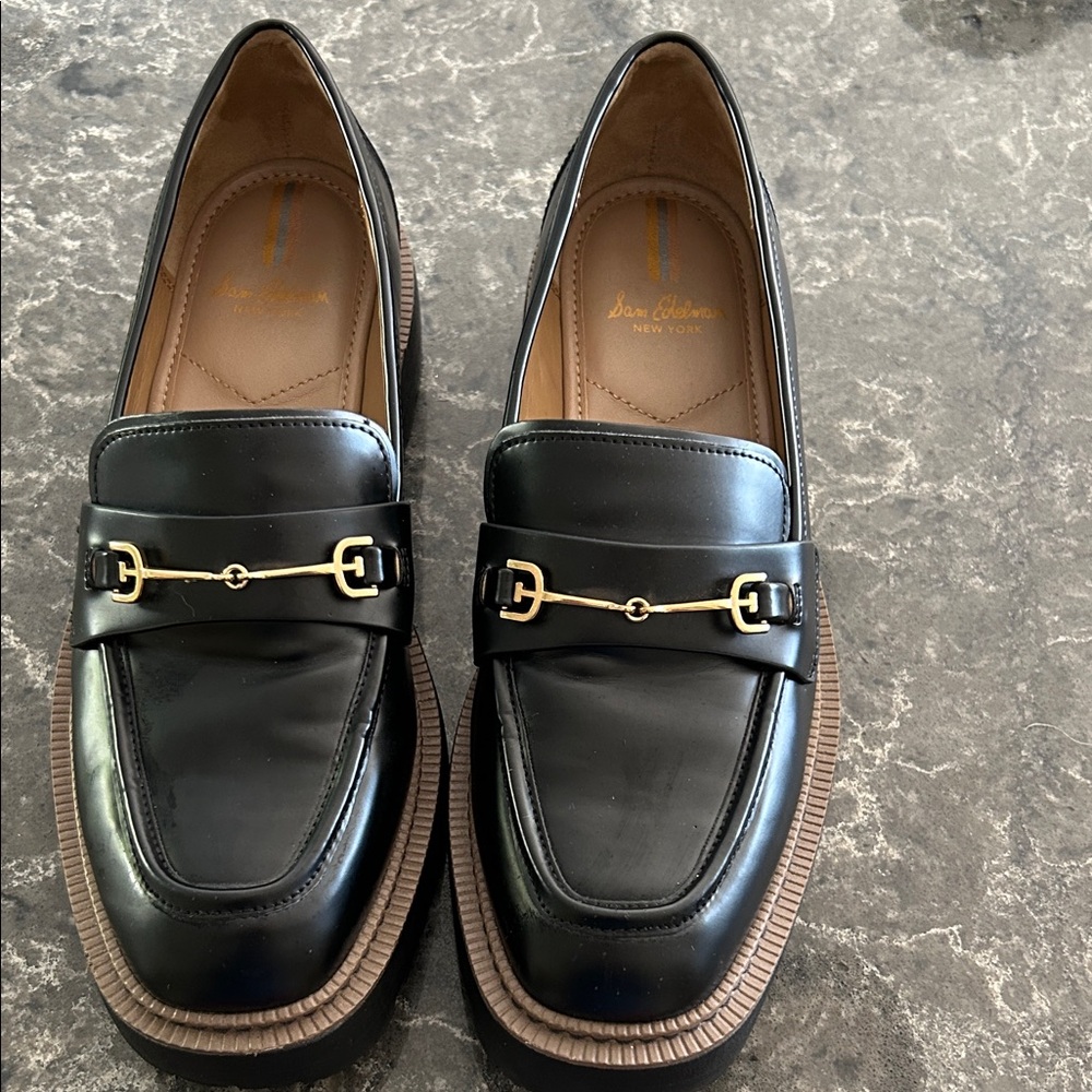 Sam Edelman Chunky Black Loafers with Gold Accent